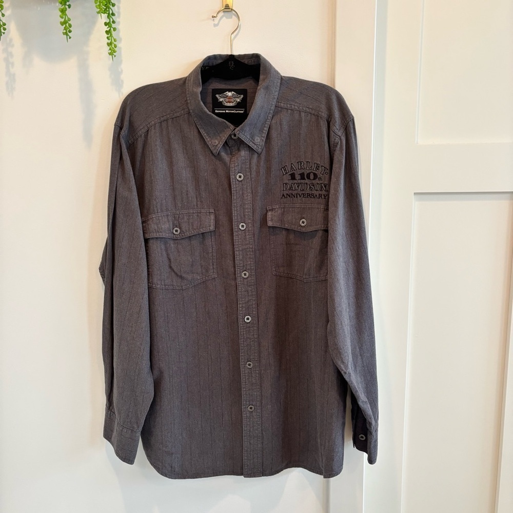 Harley Davidson Men's Grey Button Down Long Sleeve Embroidered Back Logo Size XL
